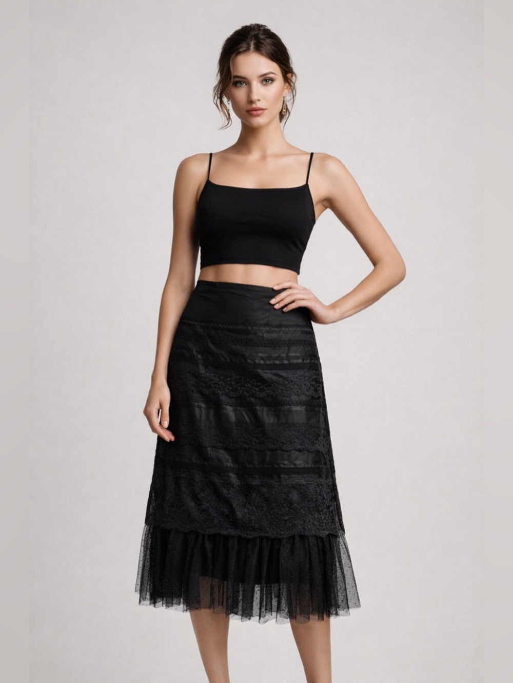 EXPRESS Black Lace Tiered Midi Skirt | Boho Romantic Style